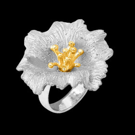 Bague fleur de pavot argent platiné et doré
