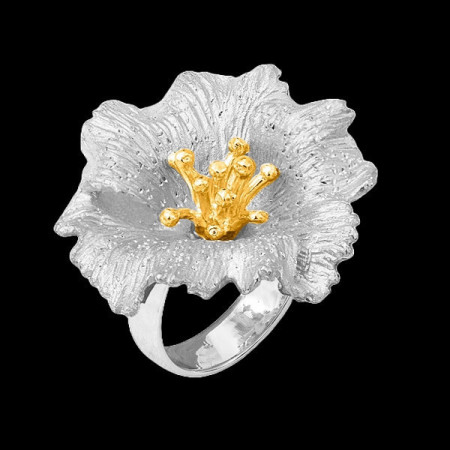 Bague fleur de pavot argent platiné et doré