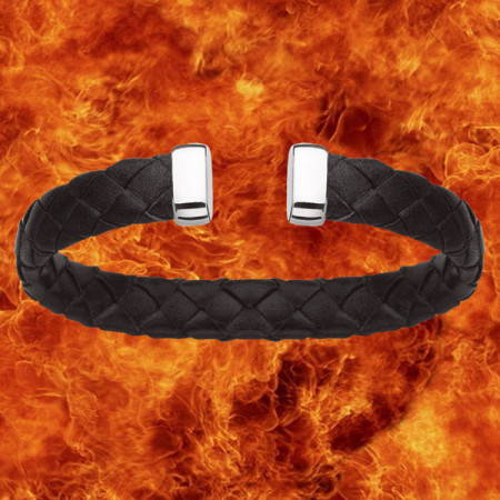 Bracelet Jonc cuir noir Argent 925 Rhodié