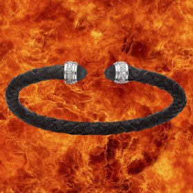Bracelet Jonc rond cuir noir OZ Cristaux noirs Argent