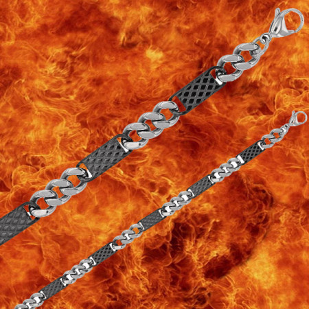 Bracelet acier maille figaro triple plaques motifs acier noir