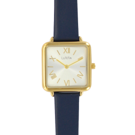 Montre Lutetia boîtier carré métal doré cadran bleu marine
