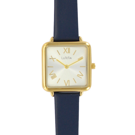 Montre Lutetia boîtier carré métal doré cadran bleu marine
